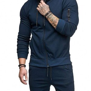 Dark Blue Men's Gym Clothing Fleece Tracksuit Active Wear Set Side